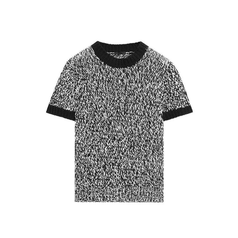MD Autumn New Women clothes Simple Commuter Style Short Version round Neck Short sleeve Color Plug Knit t-shirt Top 5751597