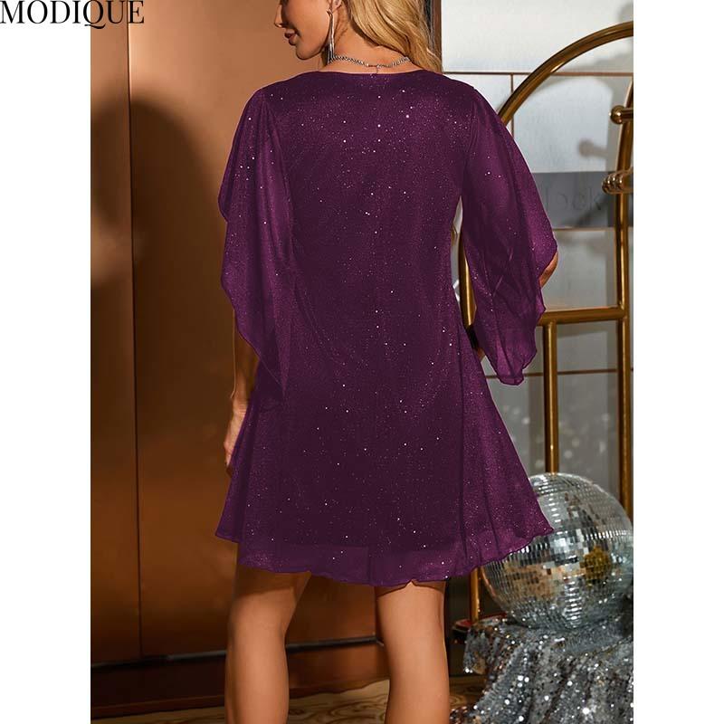 MODIQUE 2025 Summer New Ladies Sexy Elegant Deep V-Neck X-Line Sequin Mesh Cape Sleeve Short Dress
