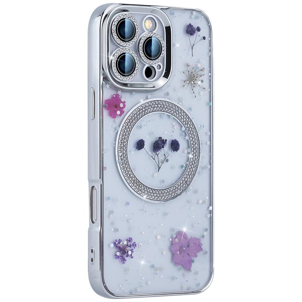 For iPhone 16 Pro Max Magnetic Case PC+TPU Epoxy Real Dried Flower Phone Cover