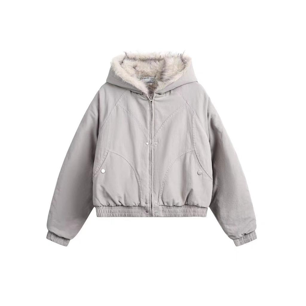 Winter Retro Fur Collar Women Padded Hooded Cotton-Padded Jacket Plush Casual Street Gothic Harajuku Oversize Coat