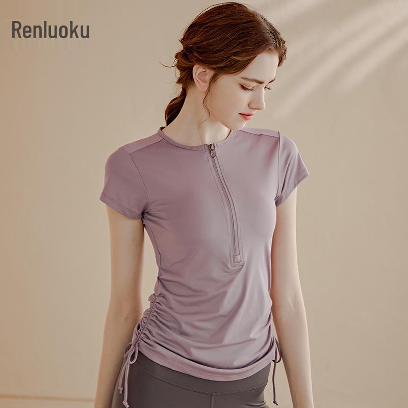2025 Women's Breathable Short Sleeve Yoga Top: Zipper & Drawstring Design for Fitness and Running
