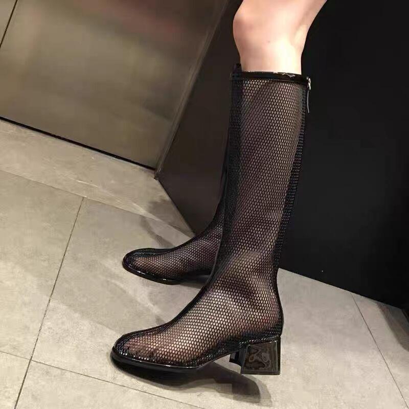 Women's Summer Boots Luxury Elegant Long Shoes For Women Trend 2024 Comfortable Mesh Black Heeled Outdoor Fashion High Boots