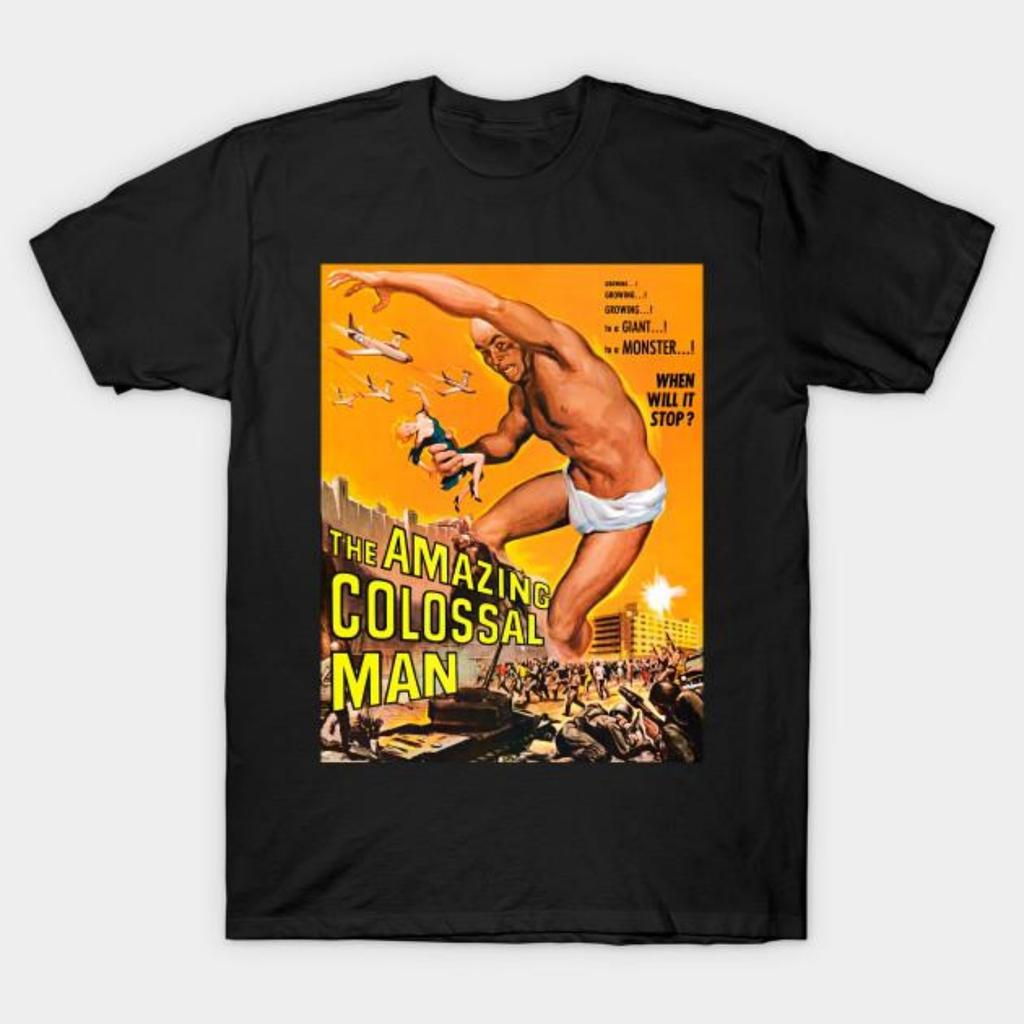 Herren Schwarzes Print-T-Shirt Erstaunlicher Kolossaler Mann (1957) Baumwoll-T-Shirt mit No-Cut-Transferpapier-Druck