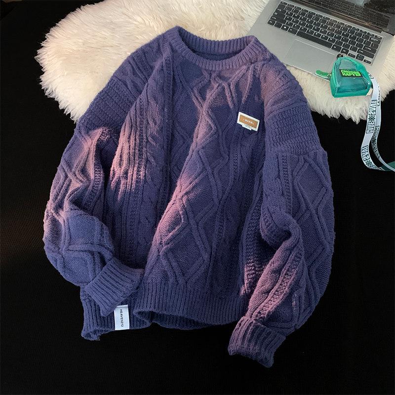 Men's Vintage Japanese Cable Knit Sweater – Retro, Thick, Loose-Fit for Autumn/Winter