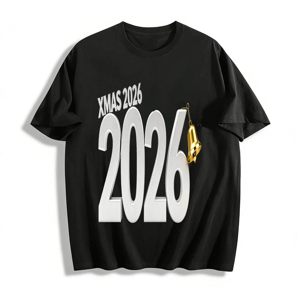 2026 Christmas Themed Number Print Casual Long Sleeve Top Pure cotton T-shirt XXS