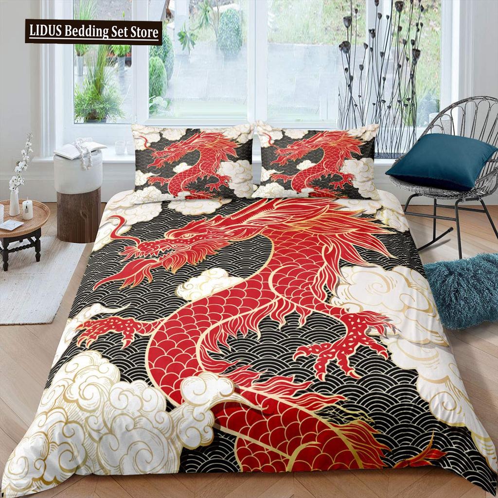 Red Base Black Dragon Print Duvet Cover Set Chinese Dragon Pattern Bedding Sets Full Size Microfiber 2/3 Pieces Comforter Sets