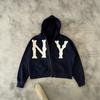 Mens Hooded Zip-Up Sweatshirt With Embroidered NY - Loose Fit Casual Pullover Fall