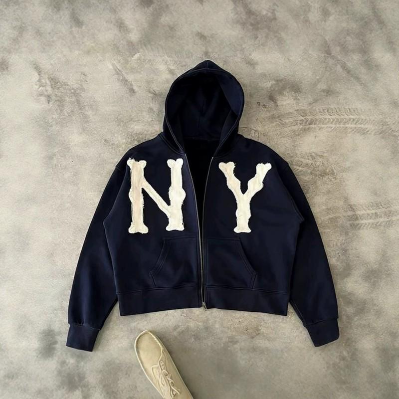 Mens Hooded Zip-Up Sweatshirt With Embroidered NY - Loose Fit Casual Pullover Fall