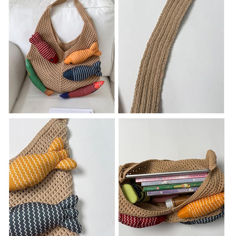 Nuova Borsa a Shopper all'Uncinetto Carina a Forma di Pesce Grande Capacità Borsa a Spalla Intrecciata Casual Multicolore Borsa Lavorata a Maglia Fatta a Mano