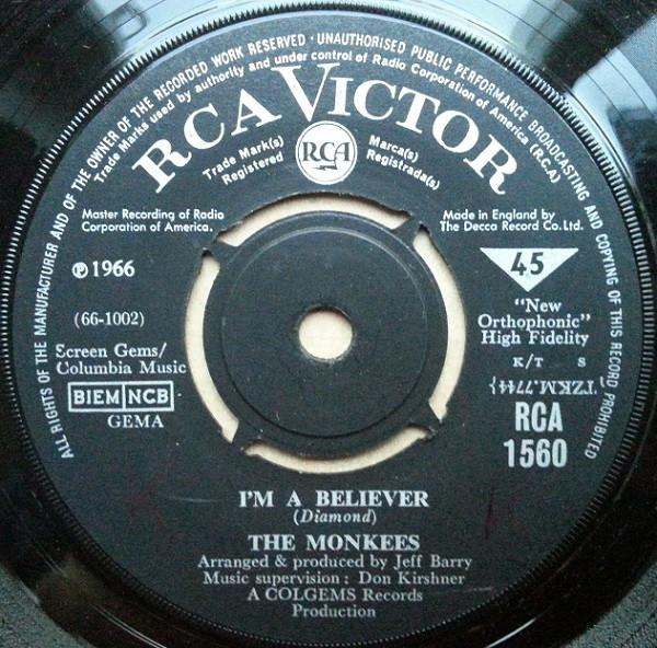

7inch Record MONKEES Im A Believer RCA1560 RCA VICTOR 1966 UK Rock Used