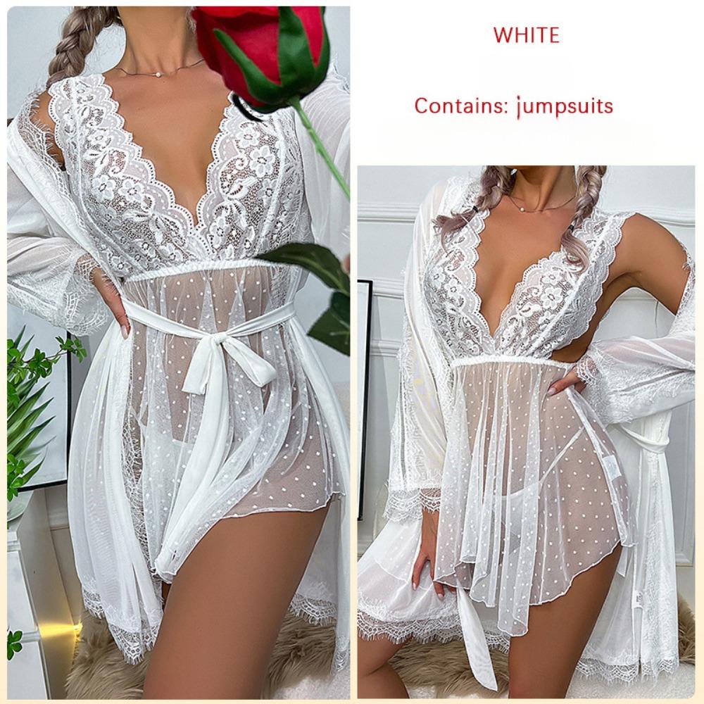 Krajkové pyžamo Dutý župan bez zad Perspective Puntíkatá síťovaná sukně sukně župan sada