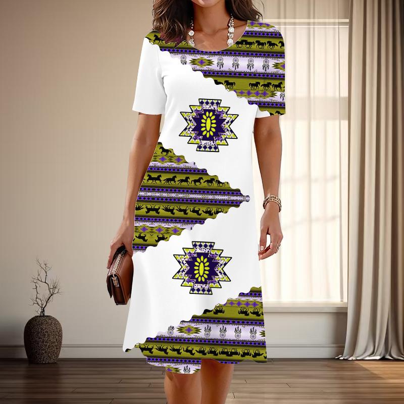 Dámská móda Půvabné Retro Potisk Letní Jarní Krátký Rukáv Kulatý Výstřih Ležérní Šaty