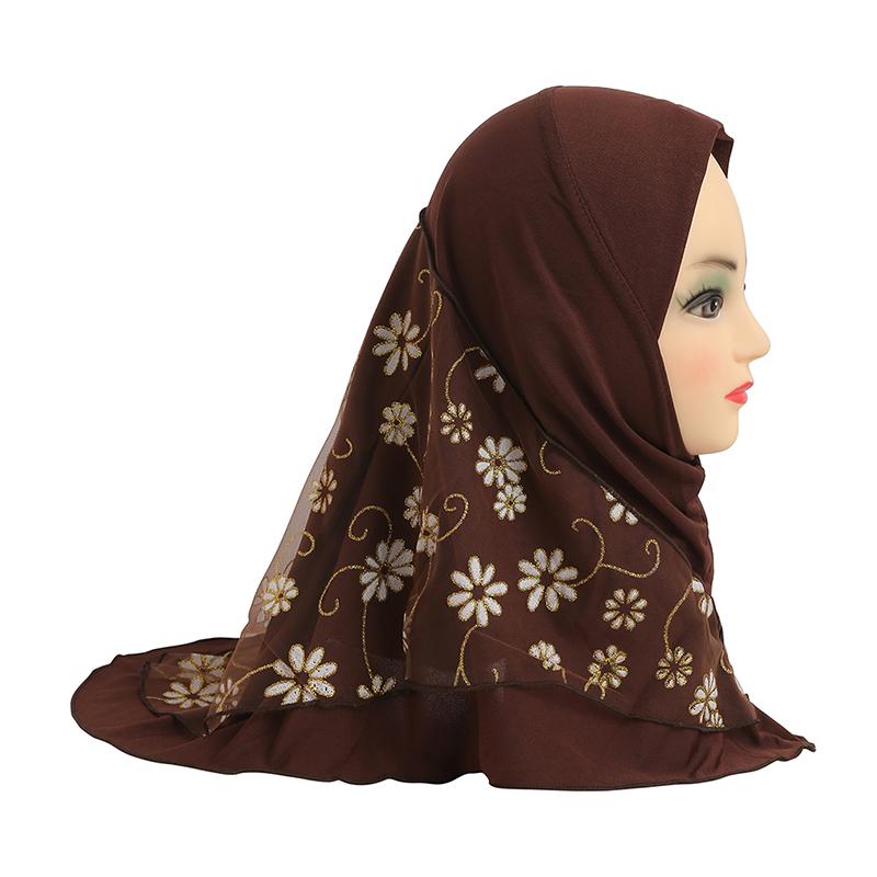 1Pc Headscarf with Flower Girls Hijab Scarf Beautiful Ice Silk Kids Solid Color Children Headwear Muslim
