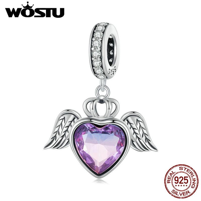 

WOSTU стерлингового серебра 925 пробы фиолетовое сердце висячие бусины охранник крылья подвески для женщин браслет ожерелье DIY 925 silver