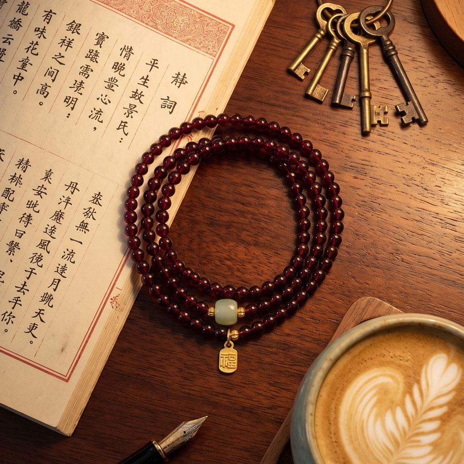 Natürliches Granat 3-Schleifen Wickelarmband & Halskette, Weinroter Heilkristall "Stein der Frauen", Östliches Glücksamulett Schmuck für Frauen