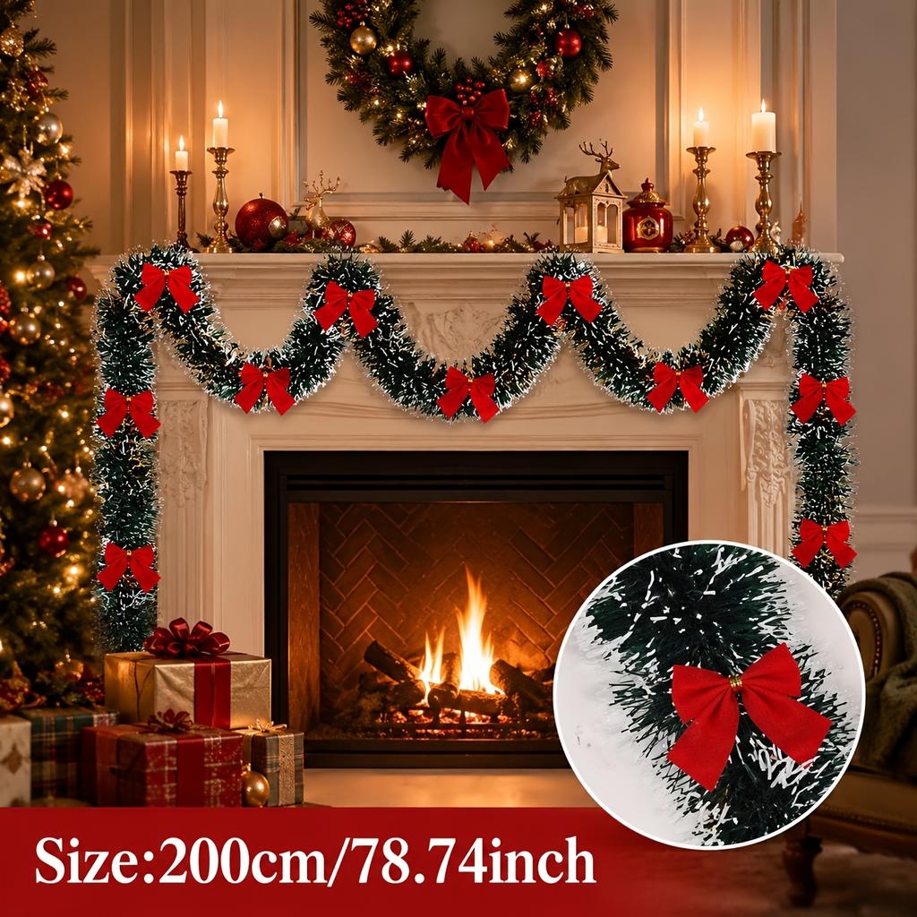 28-Piece Red Bow & Green Christmas Tinsel Garland - Dense & Shiny Holiday Sequin Party Wreath for Tree and Indoor/Outdoor Decor
