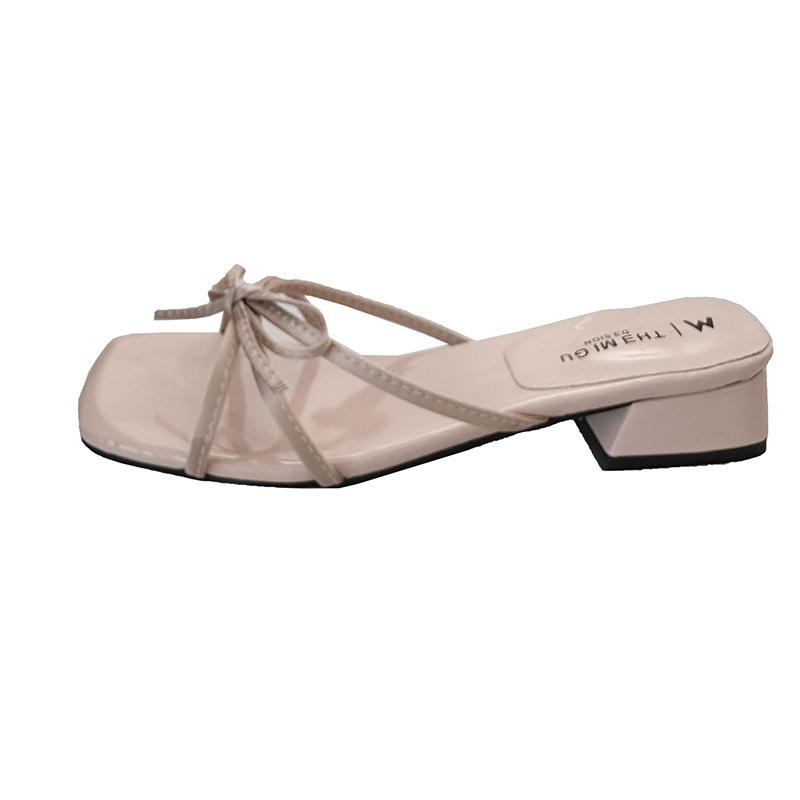 

Fairy wind thick heel silver slippers female 2025, new summer fashion outside wear bow French small sandals 40