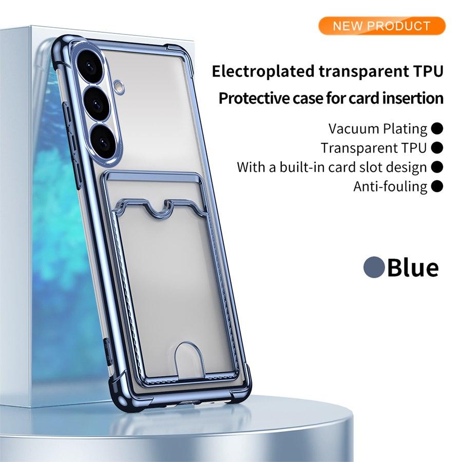 Husă Silicon Rezistentă la Șocuri Placată pentru Samsung Galaxy A25 A26 A17 A32 A33 A34 A35 A36 A37 A52 A53 A54 A55 A56 A27 A73 A57 A13 5G A14 A15 A16 cu Suport pentru Card Galaxy A57 5G albastru