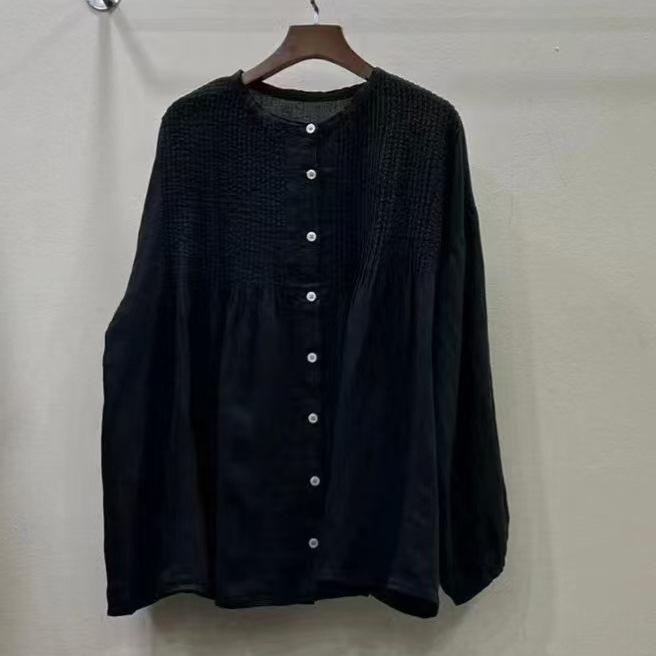 1116 Spring New Women's Crew Neck Japanese Pleated Top Shirt Loose Shirt Linen Pleated Single-breasted Long Sleeve