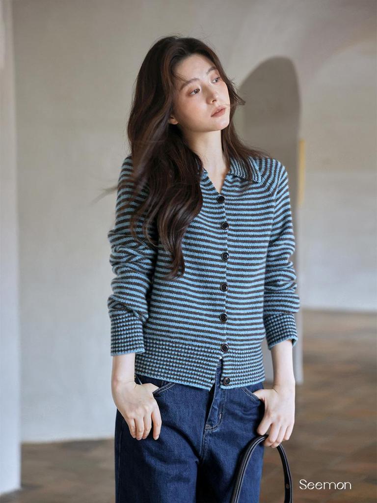 Korean Style Striped Long Sleeve Knitted Cardigan - Petite Unique Exquisite Autumn 2025 Collection