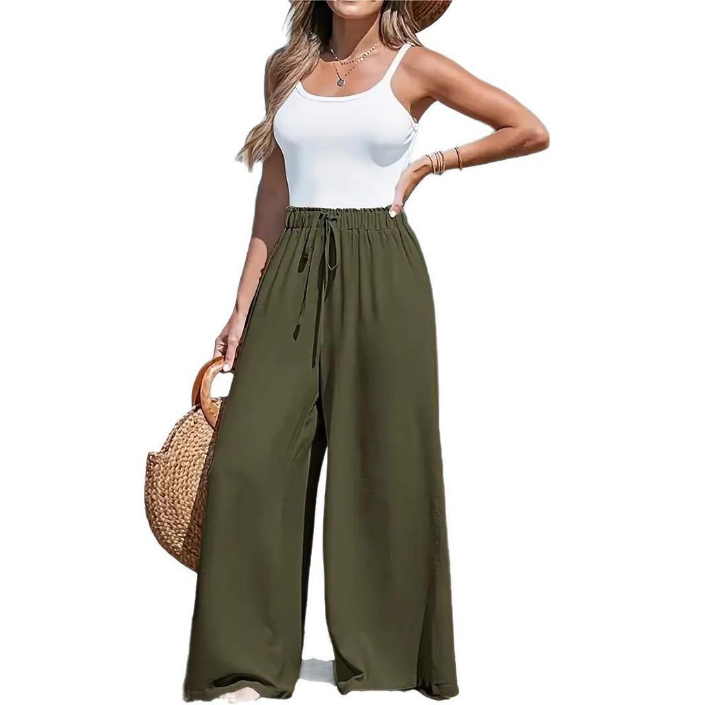 Women's Wide-Leg Solid Color Casual Polyester Pants