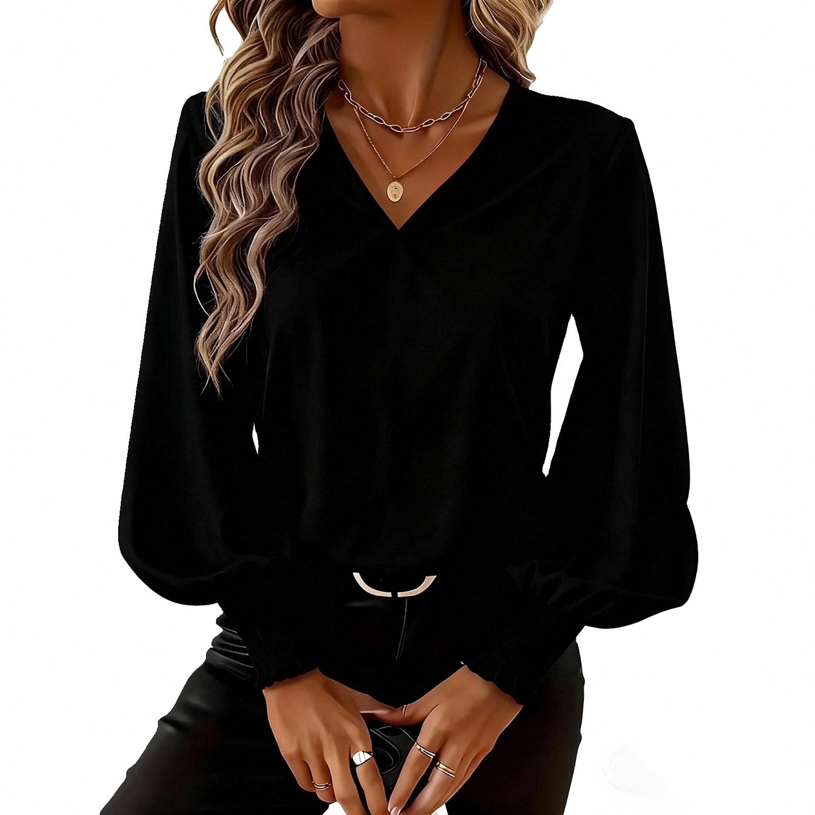 

Women s Casual Solid Color V-neck Long-sleeved Top S чорний