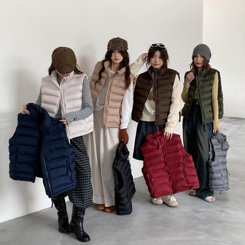 Cotton Vest Women's Autumn and Winter New Stand-up Collar Short Cotton Vest Pocket Zipper Light and Slim Vest