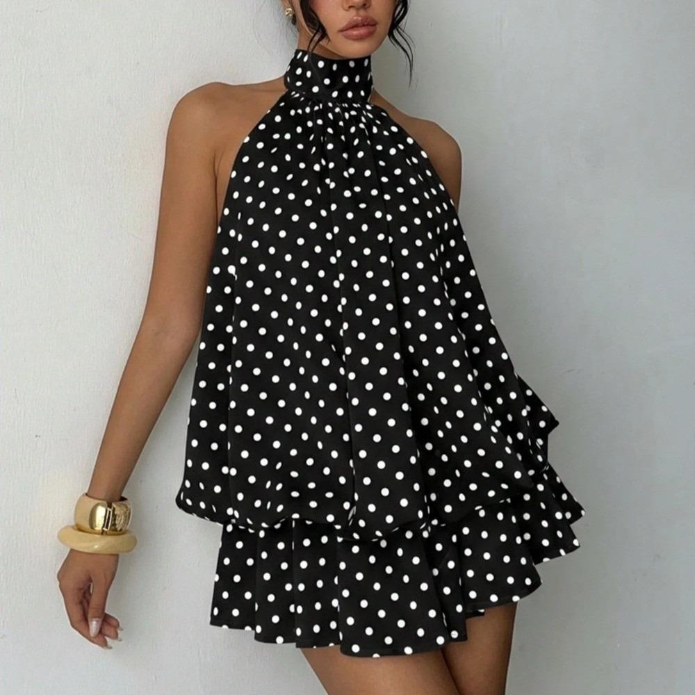 Backless Polka Dot Dress Sleeveless Chiffon Dress Fashion A Line Halter Dress Holiday S чёрный