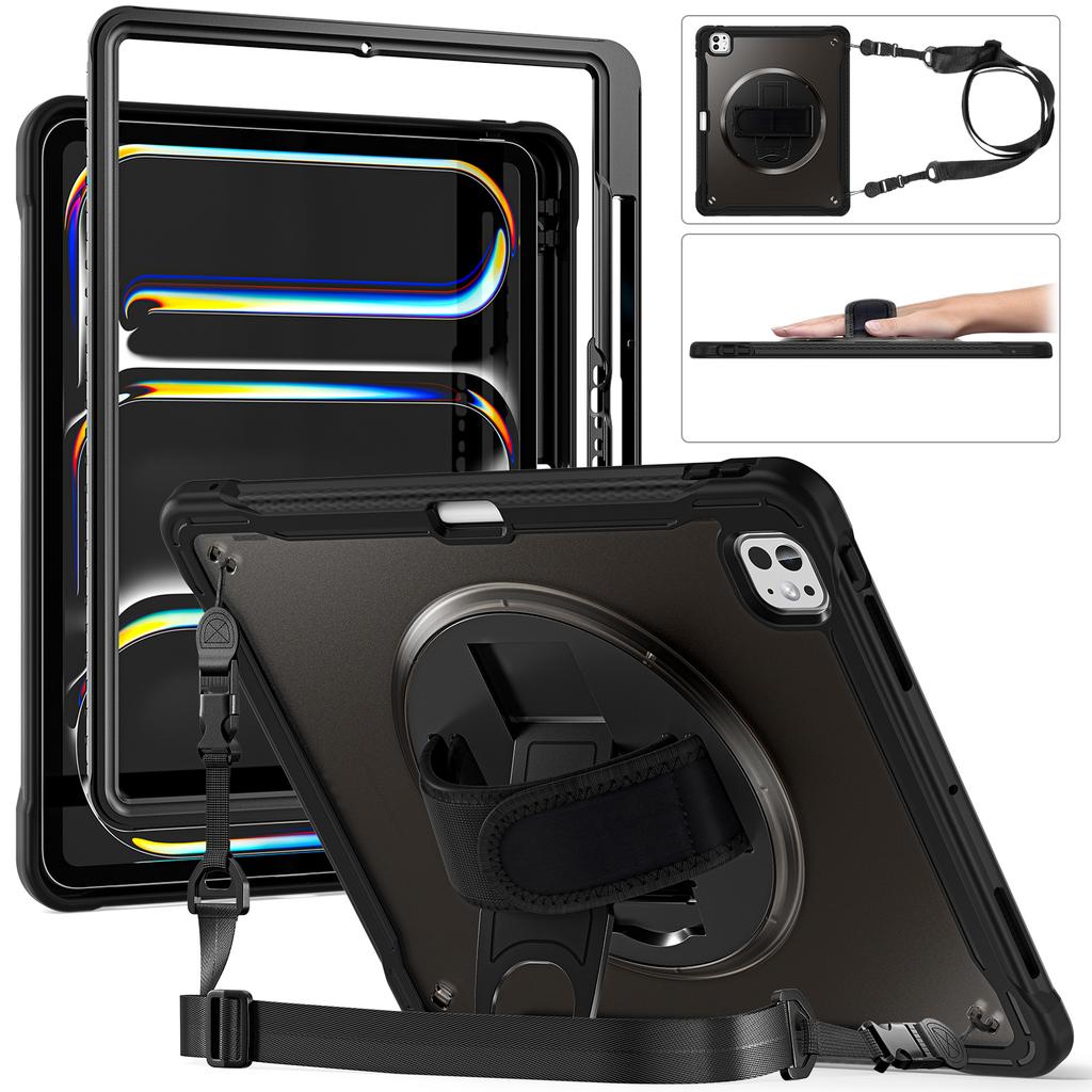 For iPad Pro 13 (2025)/(2024) Case Hand Strap Kickstand PC+TPU+Silicone Cover with Shoulder Strap