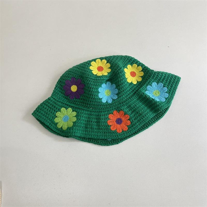 Handmade colored flower wool hat female sweet cute small fresh pot hat versatile face small knitted hat