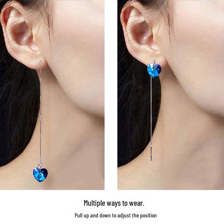 925 Silver Crystal Ocean Heart Tassel Earrings