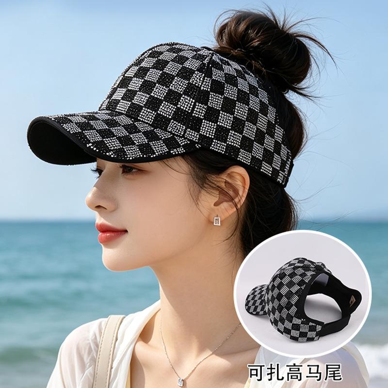 Source spot checkerboard hot diamond baseball cap women's summer daily versatile face small high ponytail cap