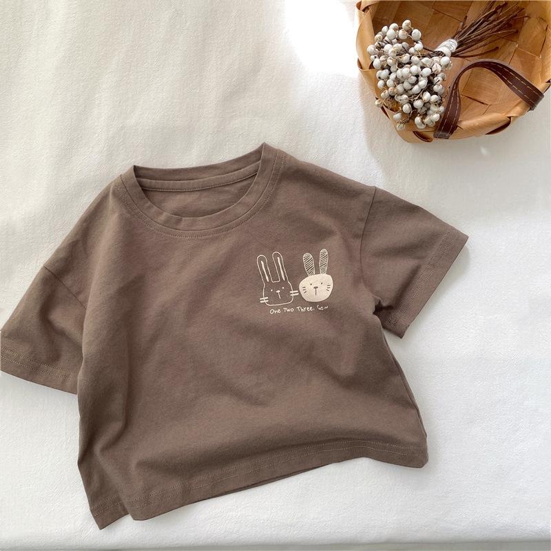 

Summer Children s Short Sleeve T-shirts Pure Cotton Cartoon Bunny T-shirt Boys and Girls Loose Casual Tops 90 кофейный