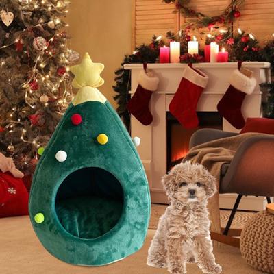 Cat Nest with Semi Closure, Dog Bed In Christmas Tree Design, Soft Washable Pet Tent for Cats And