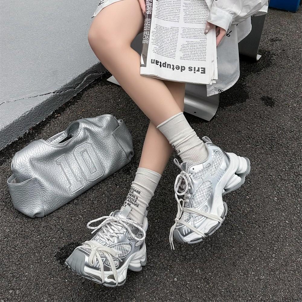 Lin Yun platform dad shoes women's new mesh versatile height-increasing silver casual sports shoes