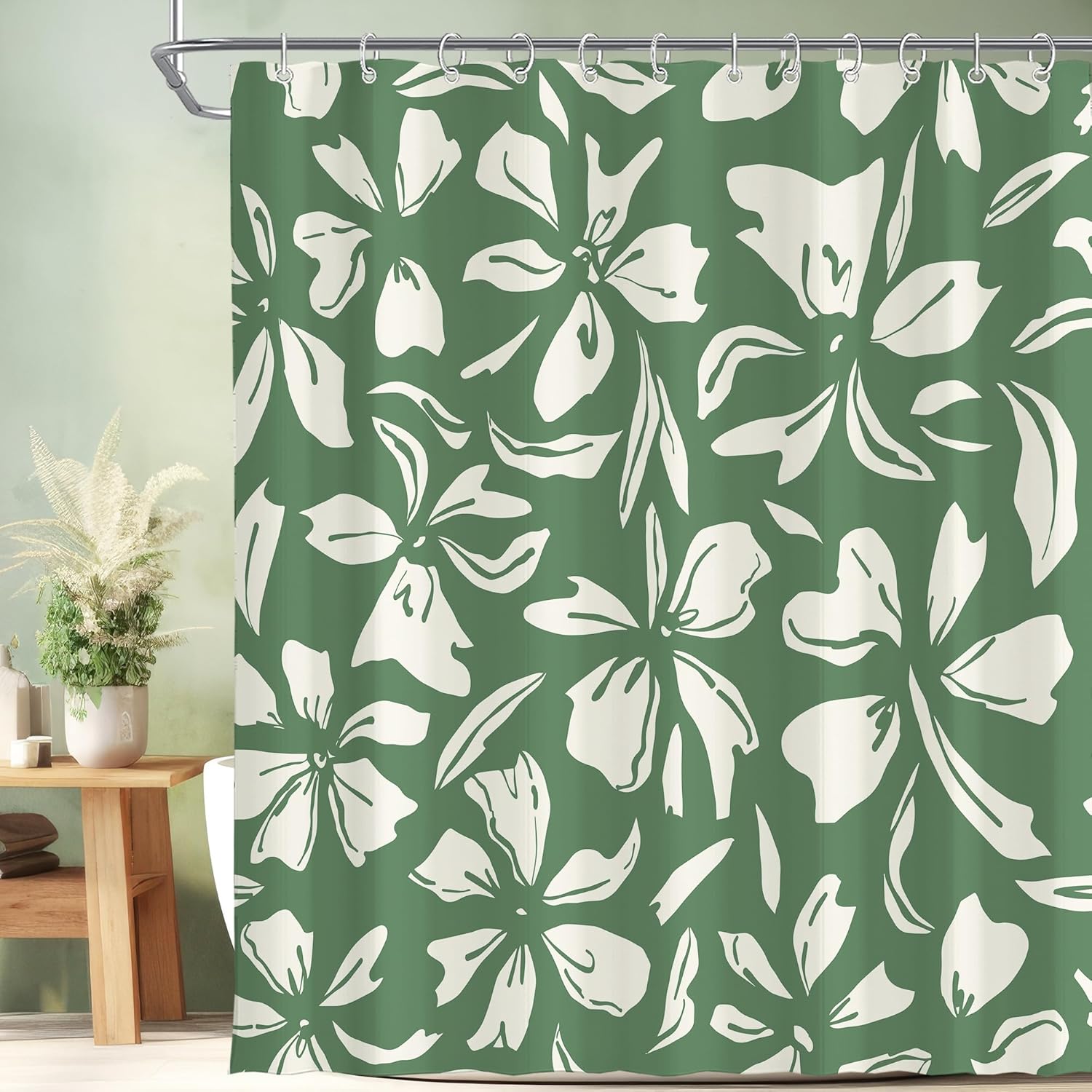 

Green Floral Shower Curtain White Flowers Pattern Bathroom Decor Modern Design Tropical Style Nature Inspired Elegant Look Bath W60H190(CM)-1 Pcs