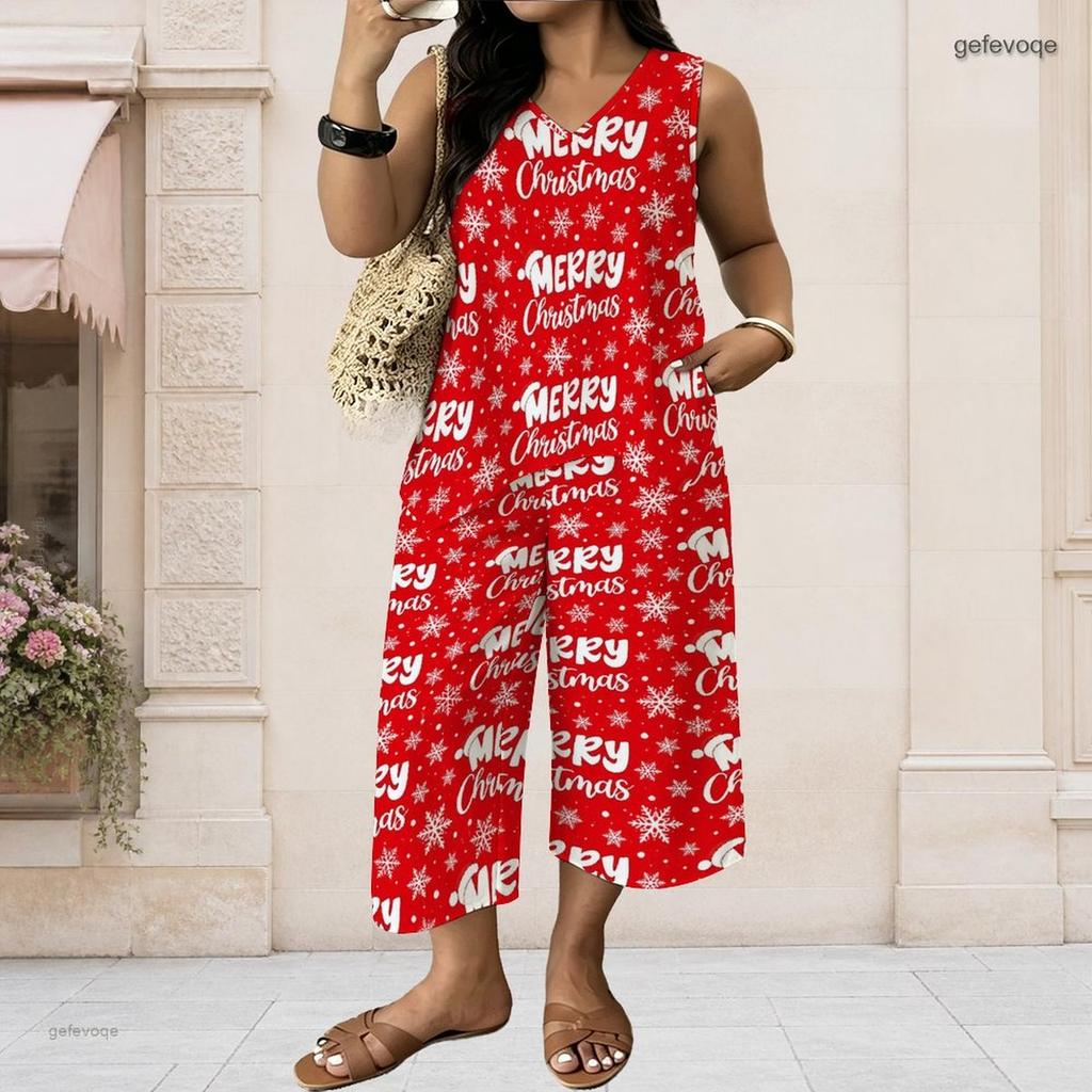 Women Plus Size V Neck Sleeveless Christmas Printed Red Wide Leg Pants Set With Pockets