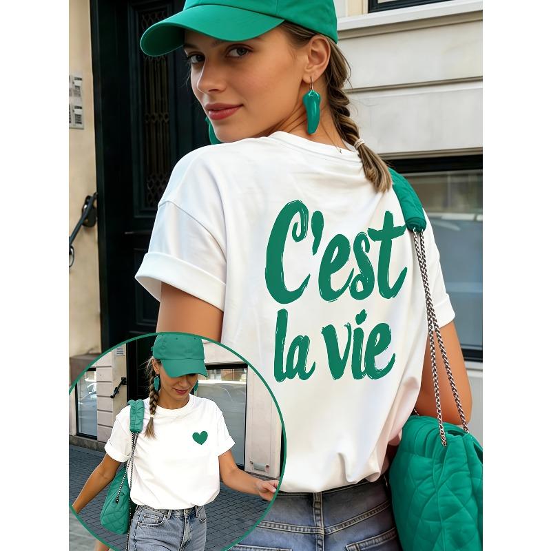 Women's Front & Back Letter Print T-Shirt European American Style Casual Short Sleeve Summer Top