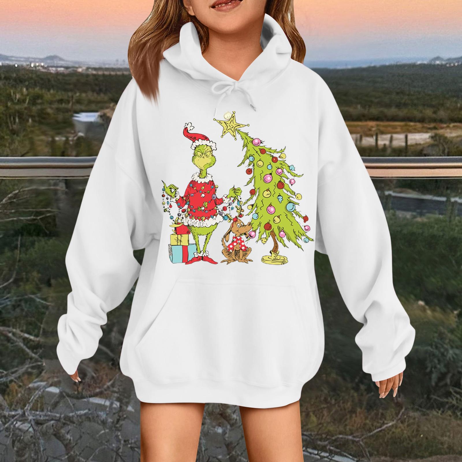 

Children s Fashionable Casual Long-sleeved Loose Christmas Print Pullover Hooded Sweatshirt 140 белый