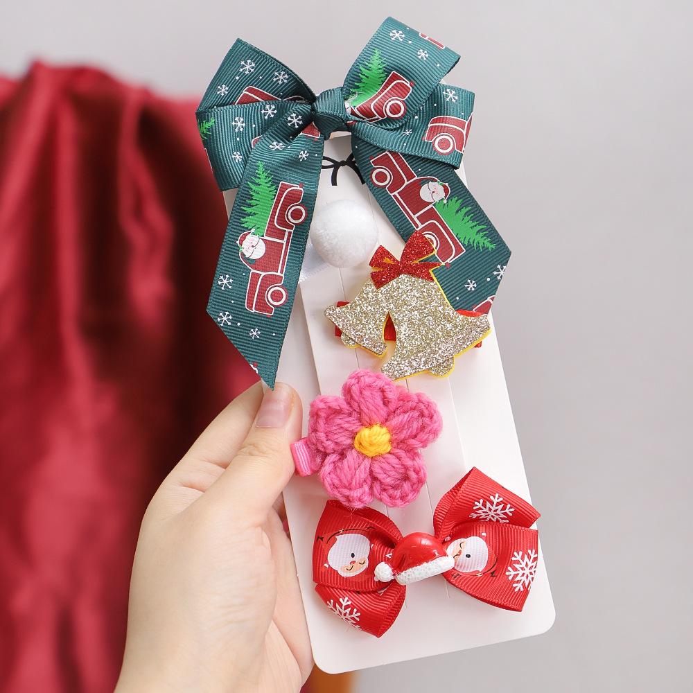Christmas Spirit Patterned Bows With Santa Claus Reindeer Graphic Plush Ball Pom Pom Crochet Flower Festive Hair Decor