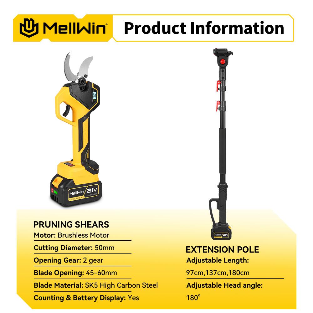 MELLWIN 2IN1 Brushless Electric Pole Pruner Shear With 180CM Telescoping Pole Garden Pruner Shear Tool For Makita 18VBattery Pin