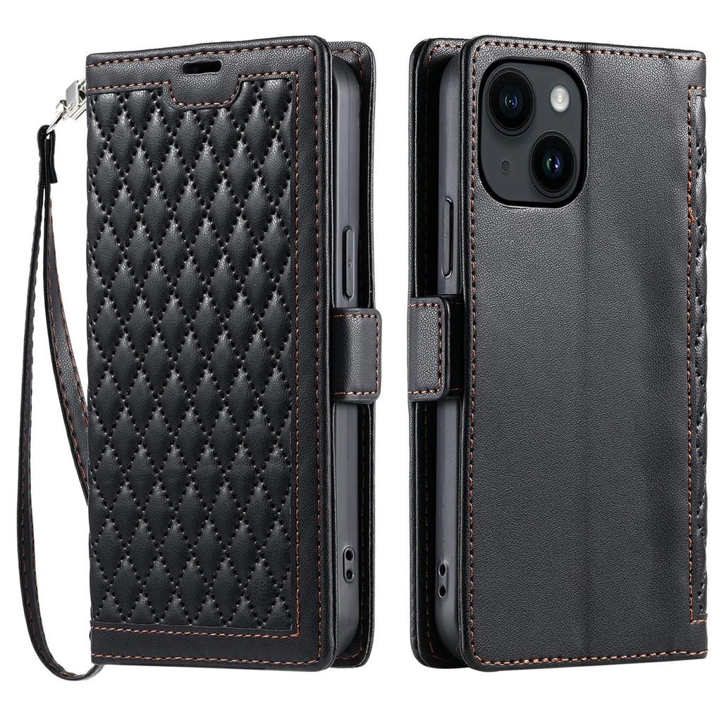 For iPhone 14/13 Leather Case Rhombus Texture Wallet Stand Phone Cover with Wrist Strap
