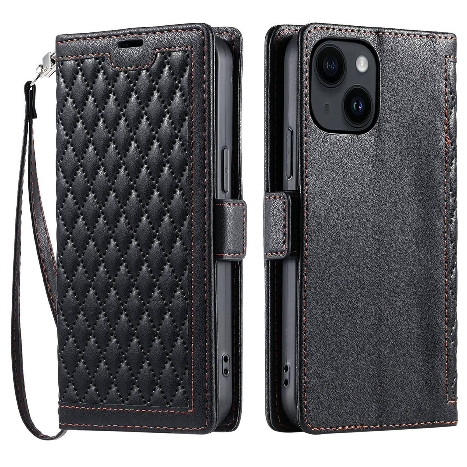 

For iPhone 15 Leather Case Rhombus Texture Wallet Stand Phone Cover with Wrist Strap Black