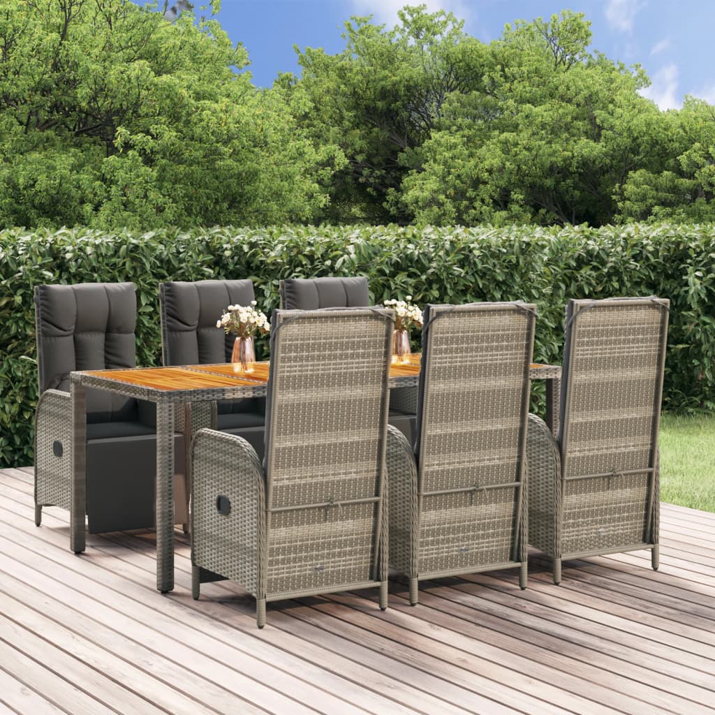 7 Piece Garden Dining Set with Cushions Gray Poly Rattan