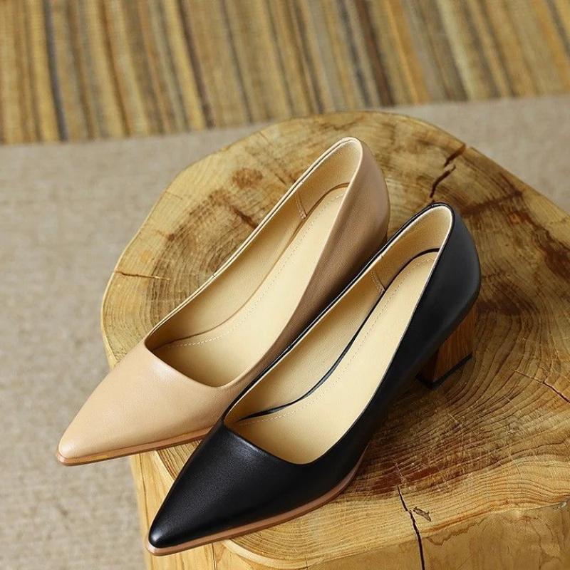 Fashion Shoes For Women Block Heel Luxury Leather Casual High Heels Woman Footwear Formal Pointed Toe Y2k Chic And Elegant E 39 Young L