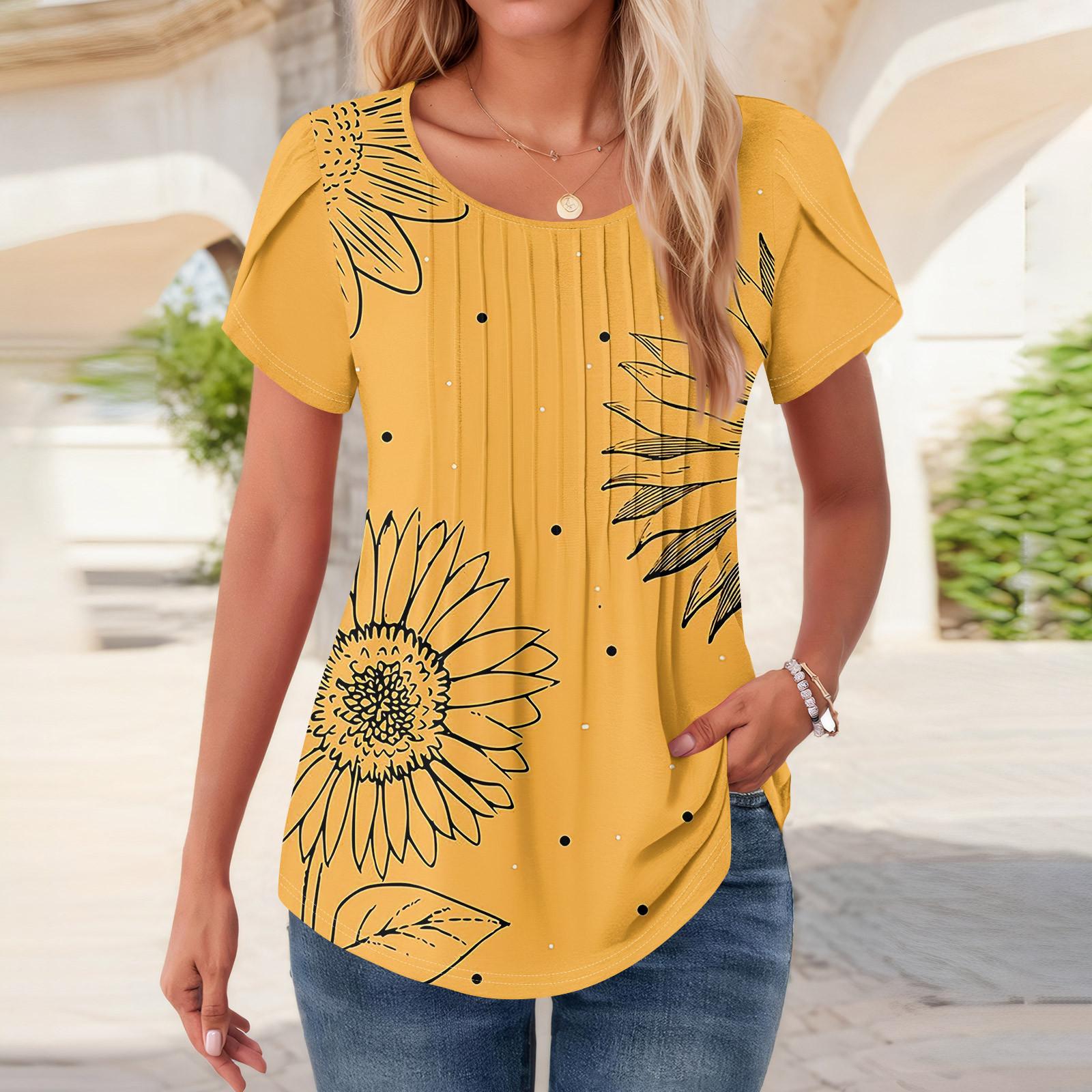 

Женские топы с коротким рукавом и круглым вырезом, летние рубашки с цветочным принтом, блузки для женщин, нарядные повседневные XL жёлтый