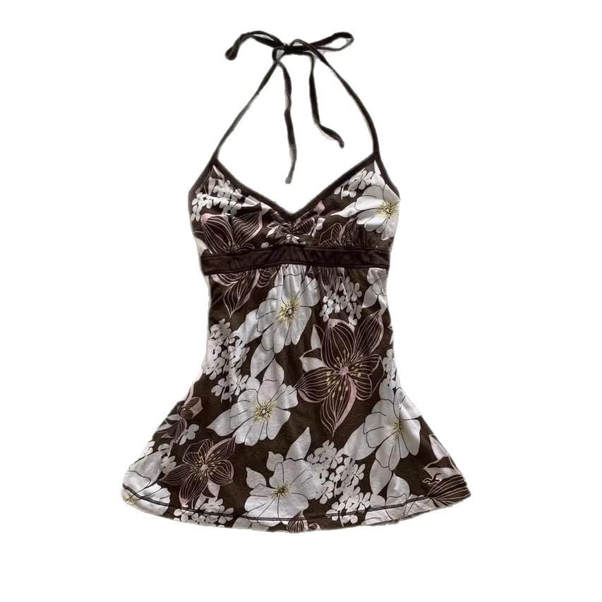 Women's Retro Floral Spaghetti Strap Slim Tank Top - Sleeveless Sweet Style