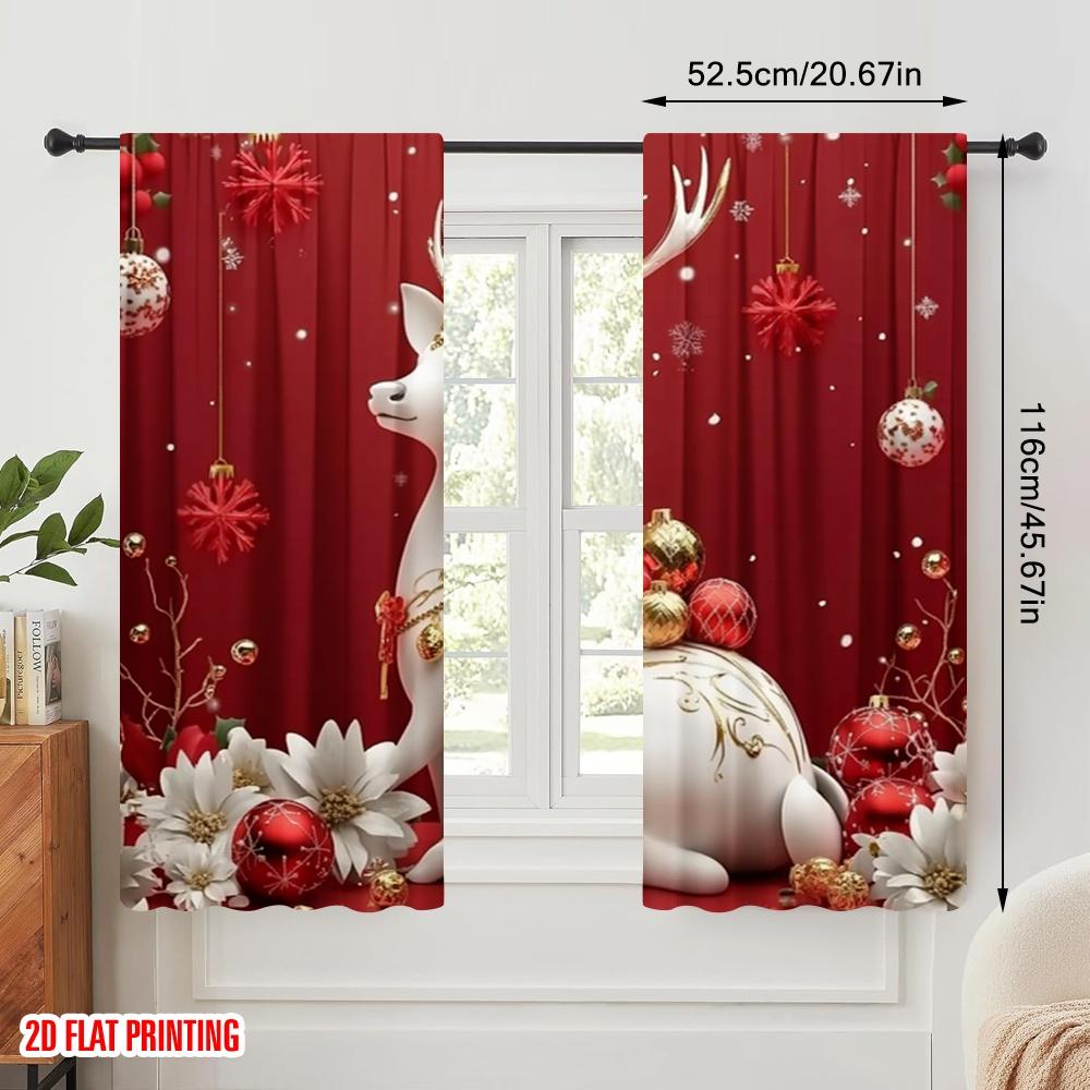 2pcs,2D Plane Printing Contemporary Curtains White Christmas Reindeer Polyester (without Rod) Festive Use for Kitchen Living