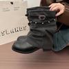 Autumn and winter knight boots handsome versatile retro style belt buckle medium and short boots and new locomotive boots pile boots women