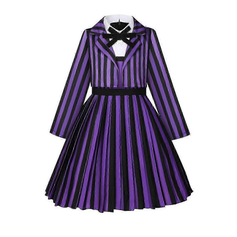 Wednesday Addams Costume Purple Outfit Striped School Uniform Halloween Cosplay Costume for Kids Adults